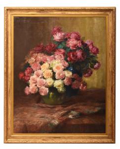GROSSES ANTIKES GEMÄLDE VON ROSEN, BLUMIGE STILLLEBEN, ÖL AUF LEINWAND, 20. JAHRHUNDERT (QF727)